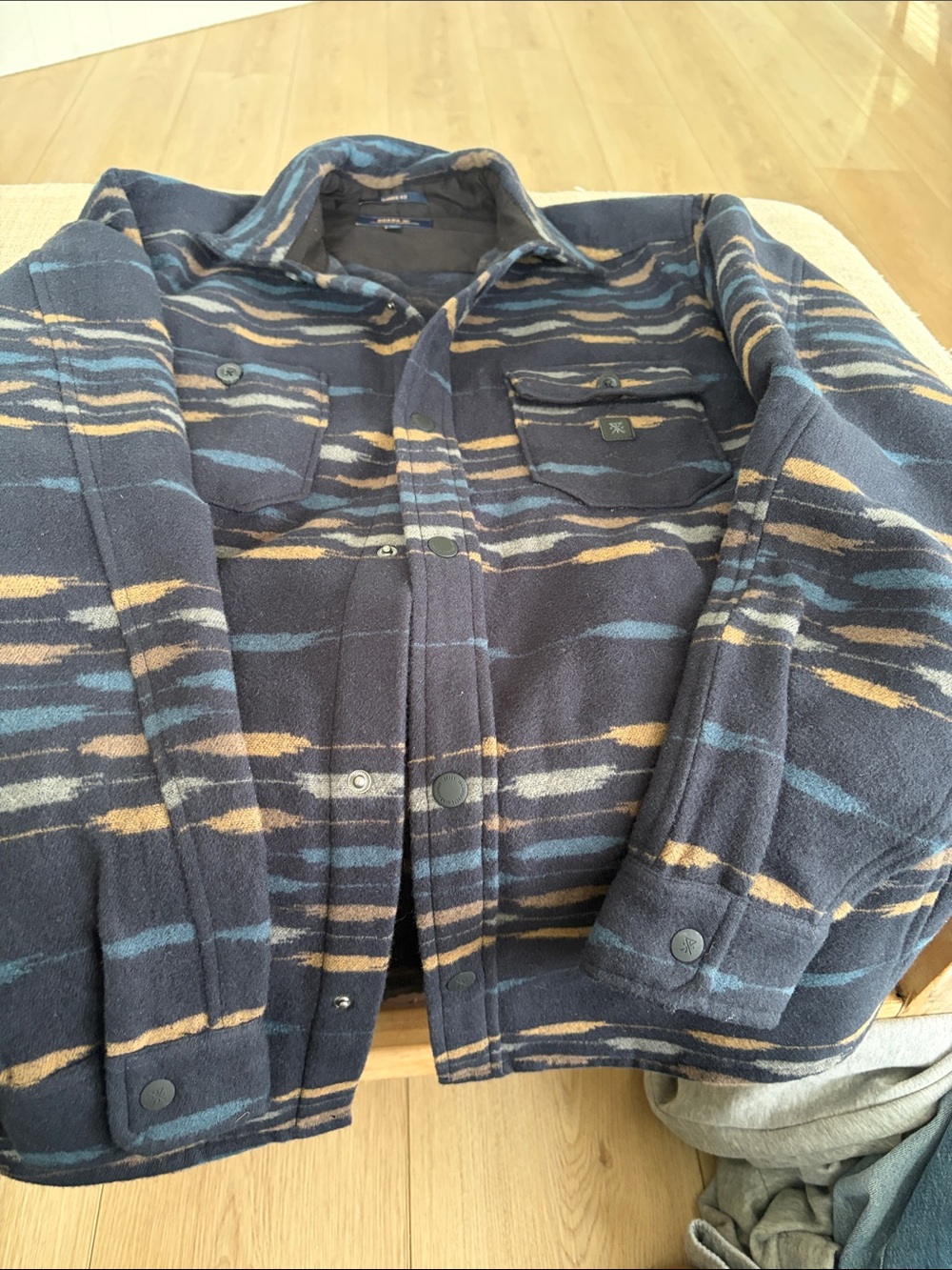 Roark Striped Fleece Shirt Jacket in Navy, Light Blue & Tan